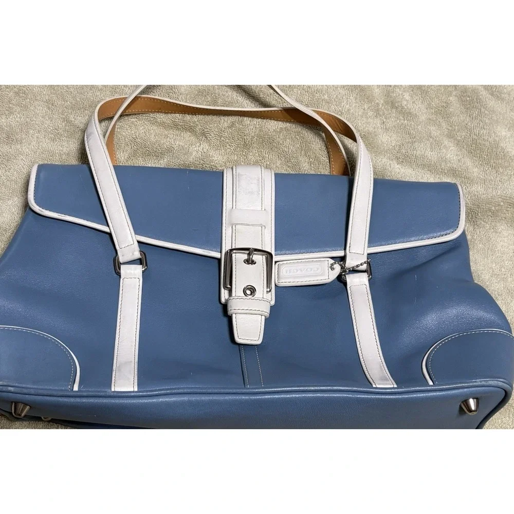 Coach Hamptons Magnetic Flap Satchel Blue White Leather Bag Purse Y2K Vintage